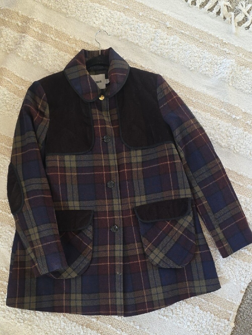 ASOS Plaid Pea Coat in Navy and Brown Tones Wool Patch Pocket Size 8 Medium